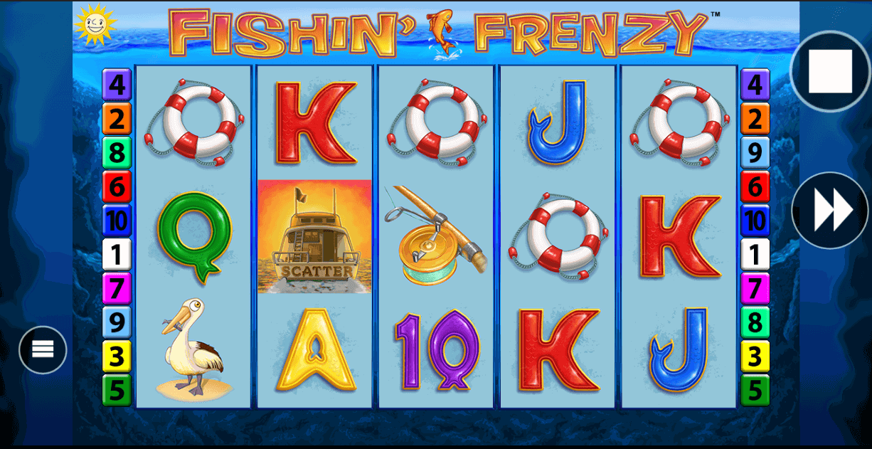 Fishin' Frenzy free games bonus scene: a smiling cartoon fisherman in an orange shirt and green vest stands among glowing fish charms marked with cash values, set against a deep-blue underwater reel background with sunbeams breaking through the surface above.